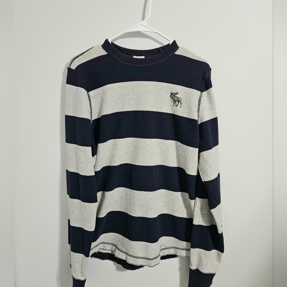 Vintage MENS XXL Muscle Abercrombie & Fitch Navy and Grey Striped Long Sleeve - Picture 2 of 4